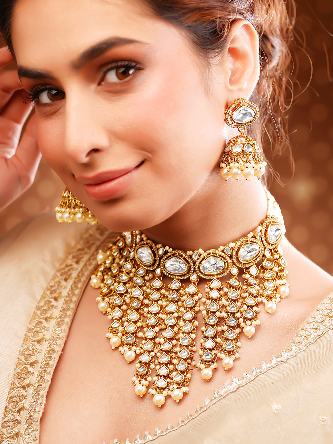 【Rubans】 Gold-Plated Kundan & CZ Multilayer Necklace Set with Pearls｜ゴールドメッキ クンダン＆キュービックジルコニア マルチレイヤー パール ネックレスセット