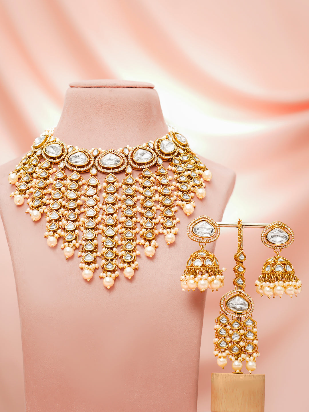 【Rubans】 Gold-Plated Kundan & CZ Multilayer Necklace Set with Pearls｜ゴールドメッキ クンダン＆キュービックジルコニア マルチレイヤー パール ネックレスセット