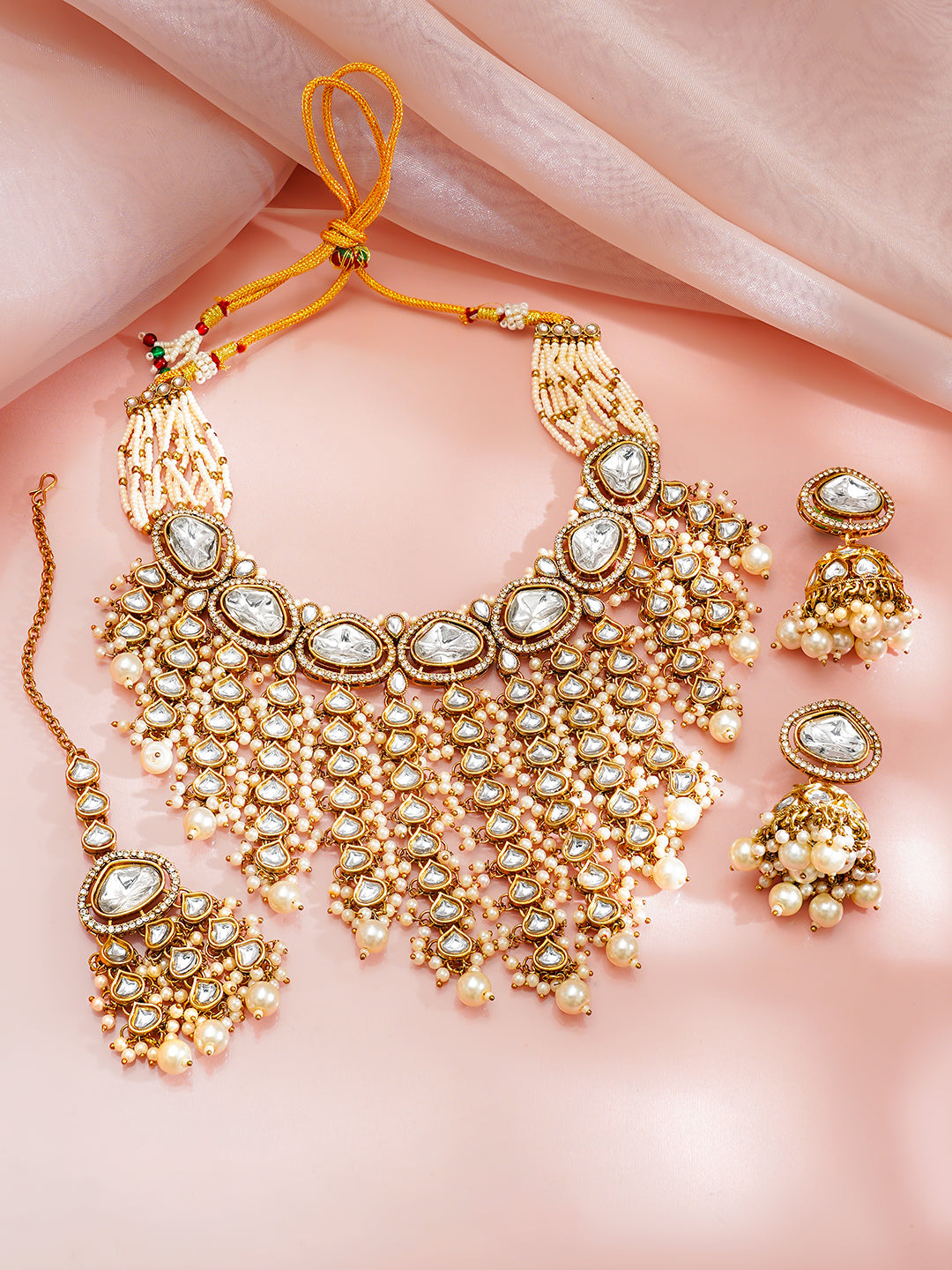 【Rubans】 Gold-Plated Kundan & CZ Multilayer Necklace Set with Pearls｜ゴールドメッキ クンダン＆キュービックジルコニア マルチレイヤー パール ネックレスセット