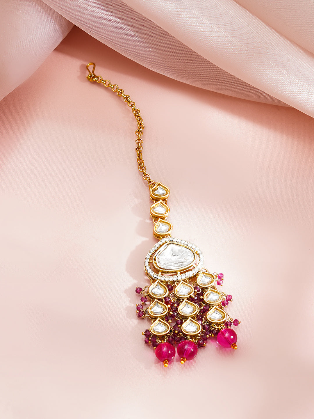 【Rubans】 Gold Plated Kundan Pearl Choker Necklace Set with Pink Bead Detailing｜ゴールドメッキ クンダン パール チョーカー ネックレスセット ピンクビーズ