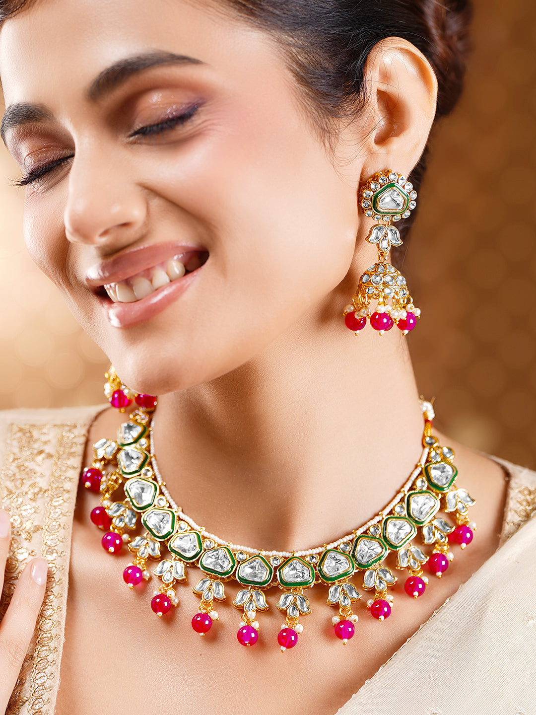 【Rubans】 Gold Plated Pearl Beaded Pink Drop Kundan Necklace Set｜ゴールドメッキ パールビーズ ピンクドロップ クンダン ネックレスセット