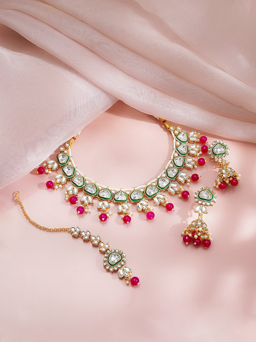【Rubans】 Gold Plated Pearl Beaded Pink Drop Kundan Necklace Set｜ゴールドメッキ パールビーズ ピンクドロップ クンダン ネックレスセット