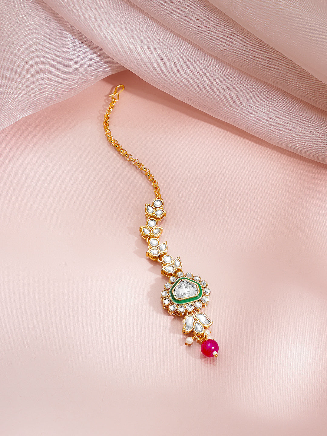 【Rubans】 Gold Plated Pearl Beaded Pink Drop Kundan Necklace Set｜ゴールドメッキ パールビーズ ピンクドロップ クンダン ネックレスセット