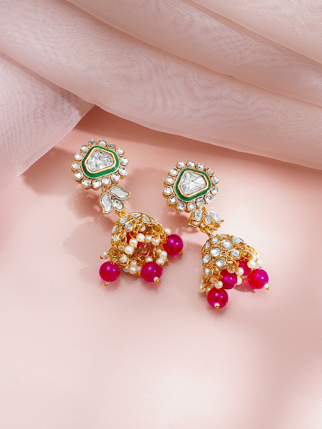 【Rubans】 Gold Plated Pearl Beaded Pink Drop Kundan Necklace Set｜ゴールドメッキ パールビーズ ピンクドロップ クンダン ネックレスセット