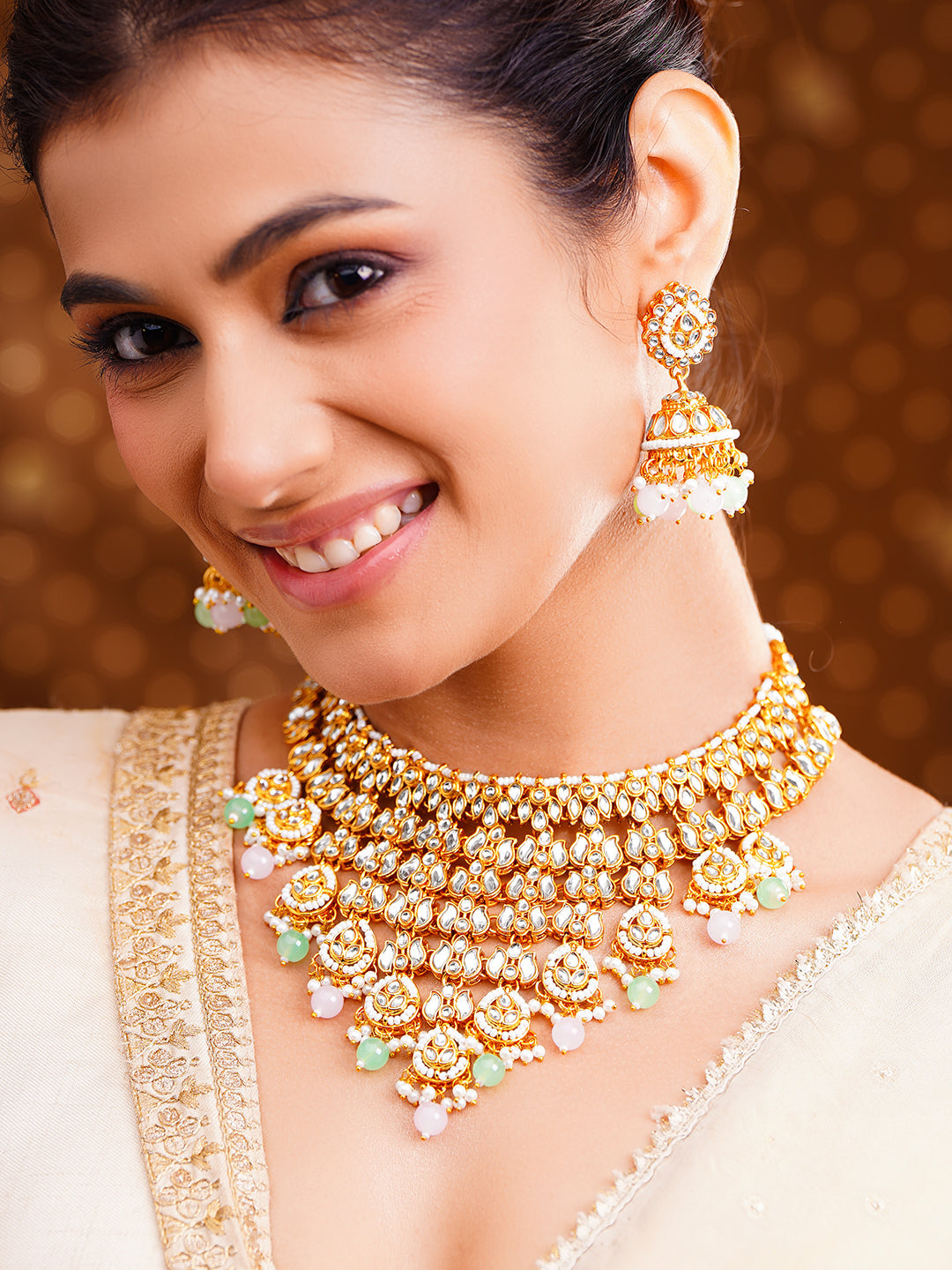 【Rubans】 Gold-Plated Kundan Pastel Beaded Choker Jewellery Set｜ゴールドメッキ クンダン パステルビーズ チョーカー ジュエリーセット
