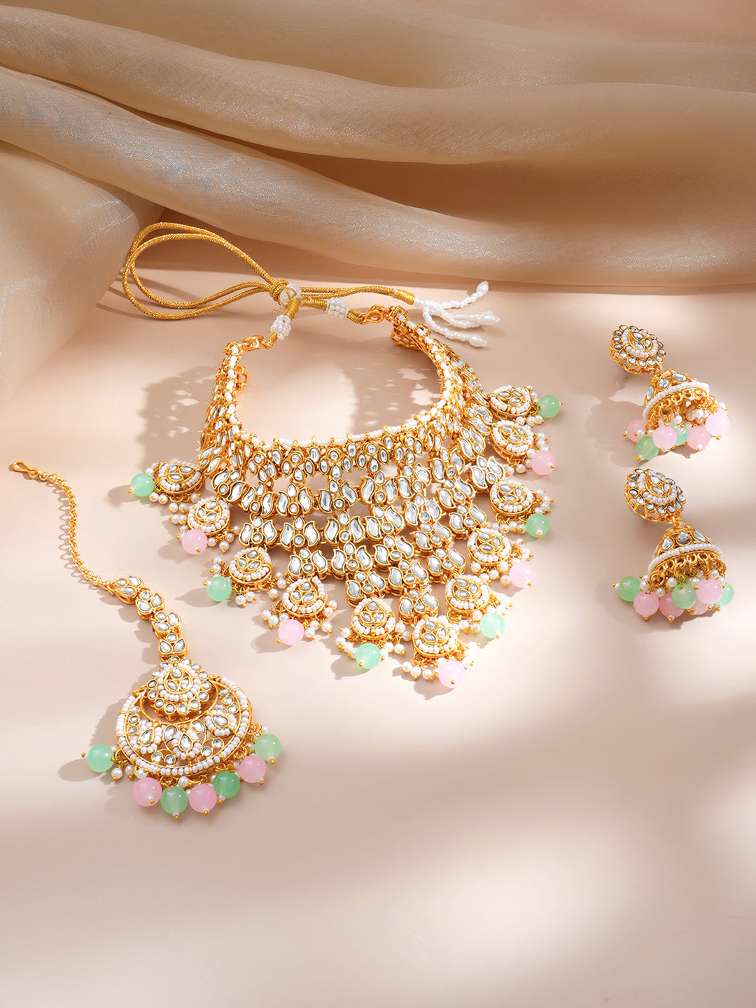 【Rubans】 Gold-Plated Kundan Pastel Beaded Choker Jewellery Set｜ゴールドメッキ クンダン パステルビーズ チョーカー ジュエリーセット