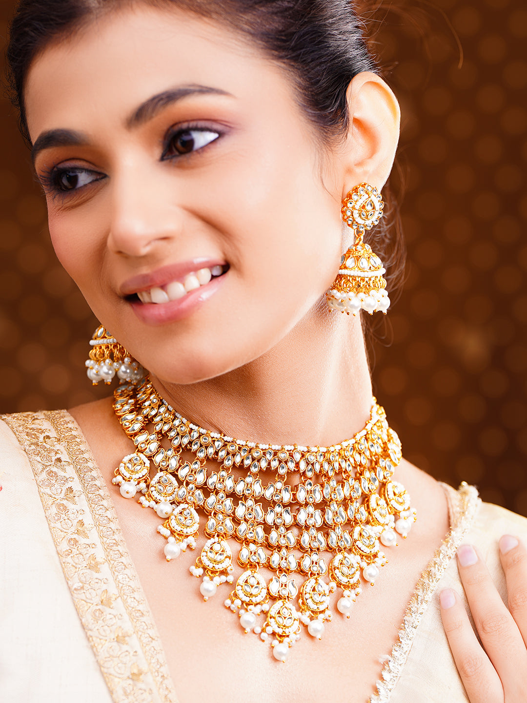 【Rubans】 Gold-Plated Kundan Pearl Choker Jewellery Set｜ゴールドメッキ クンダン パール チョーカー ジュエリーセット