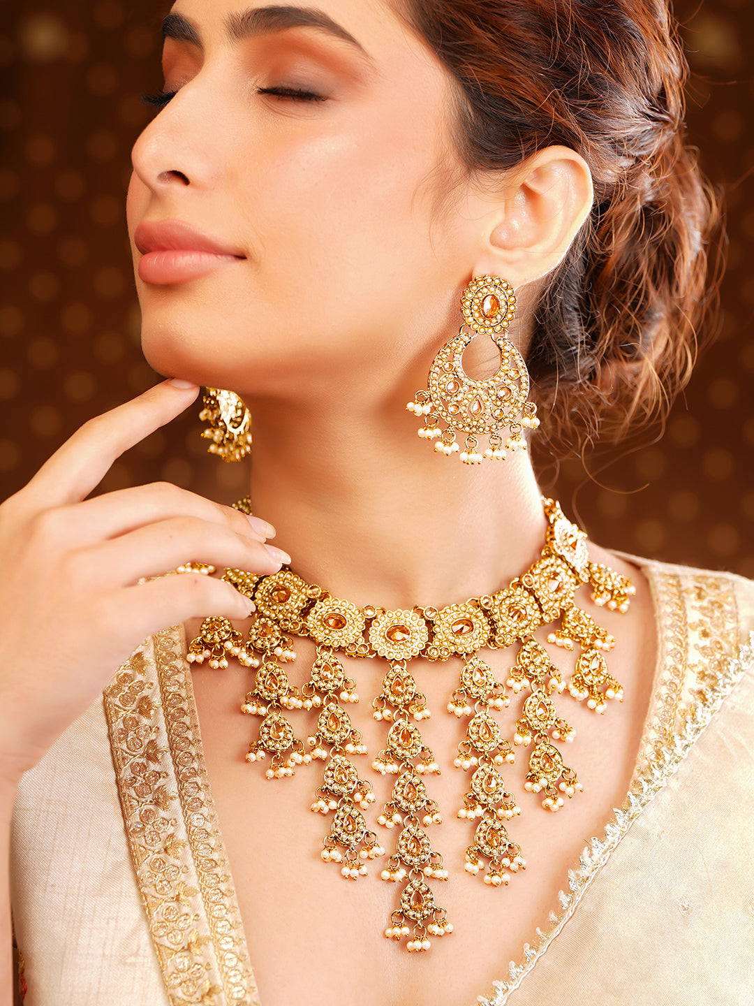 【Rubans】 Gold Plated Kundan Pearl Beaded Necklace Set with Maang Tikka｜ゴールドメッキ クンダン パールビーズ ネックレスセット（マーンティッカ付き）
