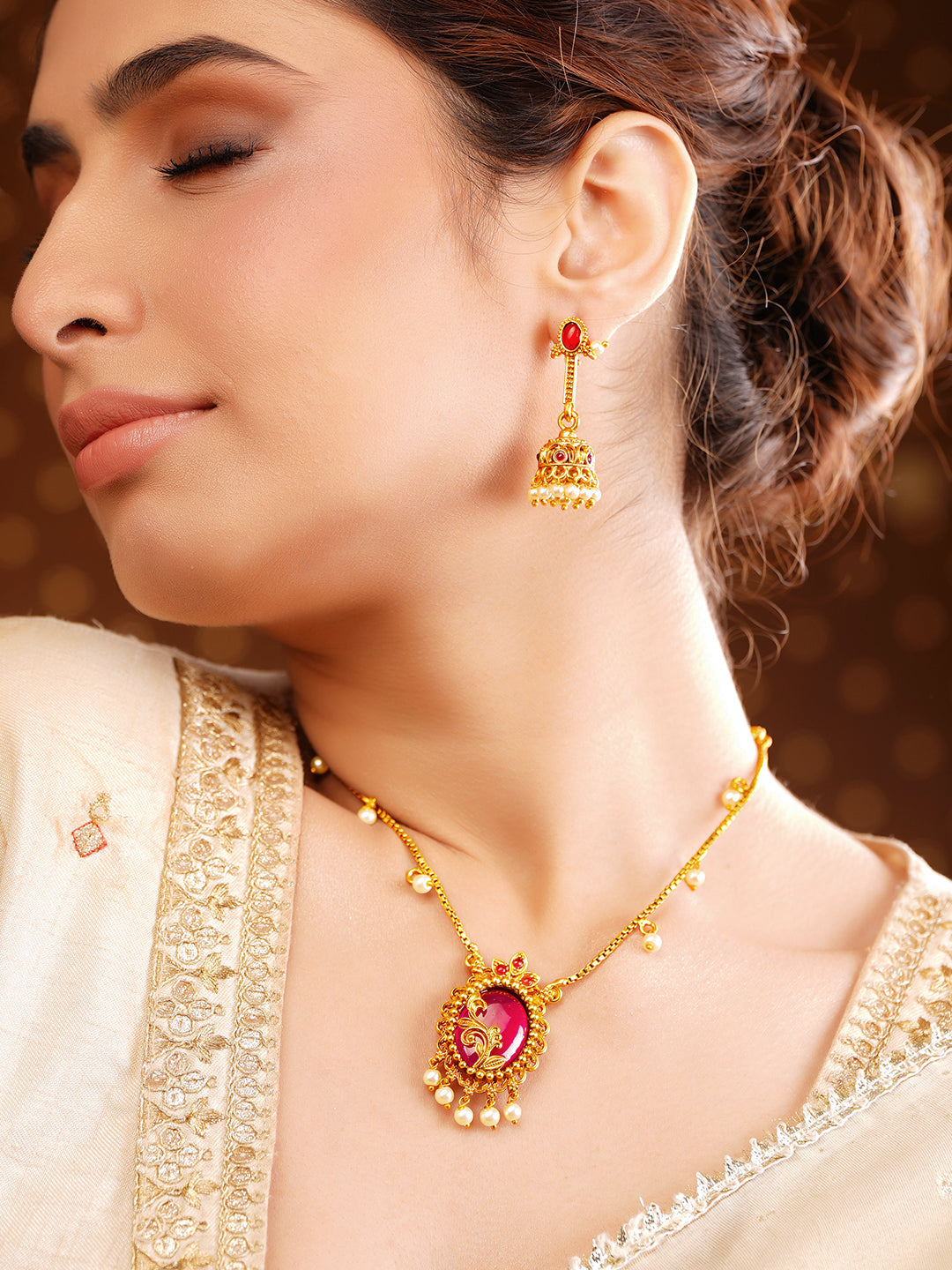 【Rubans】 Gold Plated Pearl Beaded Ruby Red Pendant Necklace Set｜ゴールドメッキ パールビーズ ルビーレッド ペンダント ネックレスセット