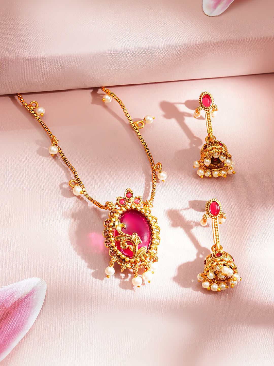 【Rubans】 Gold Plated Pearl Beaded Ruby Red Pendant Necklace Set｜ゴールドメッキ パールビーズ ルビーレッド ペンダント ネックレスセット