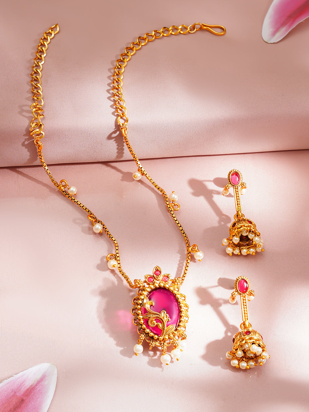 【Rubans】 Gold Plated Pearl Beaded Ruby Red Pendant Necklace Set｜ゴールドメッキ パールビーズ ルビーレッド ペンダント ネックレスセット
