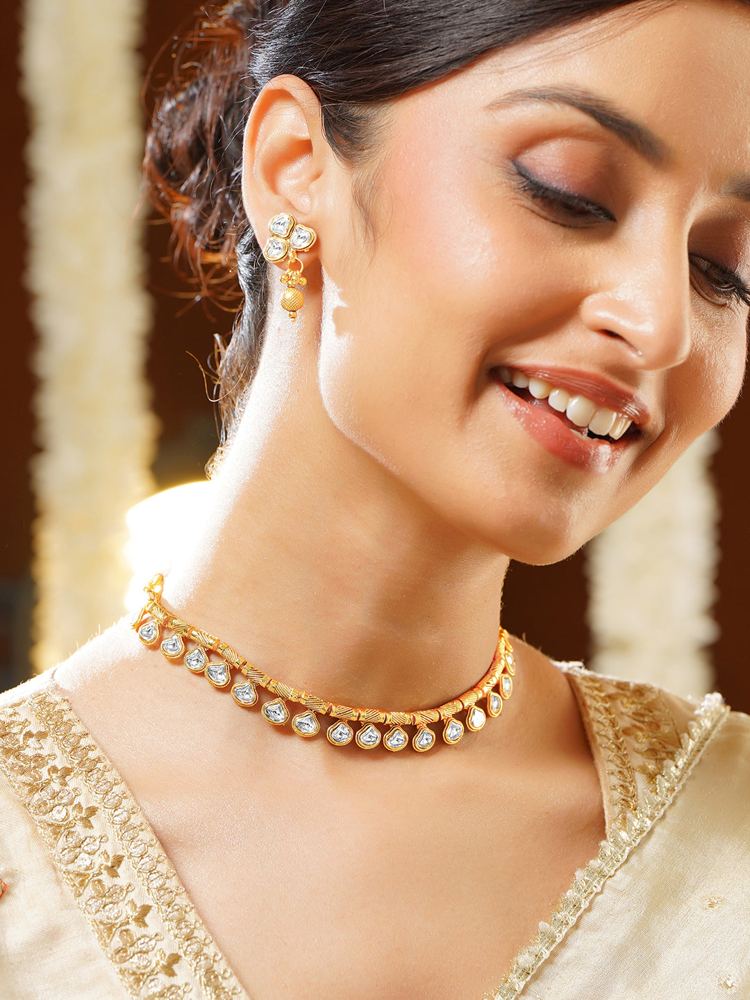 【Rubans】Gold Plated Teardrop Kundan Choker Necklace Set｜ゴールドメッキ ティアドロップ クンダン チョーカーセット