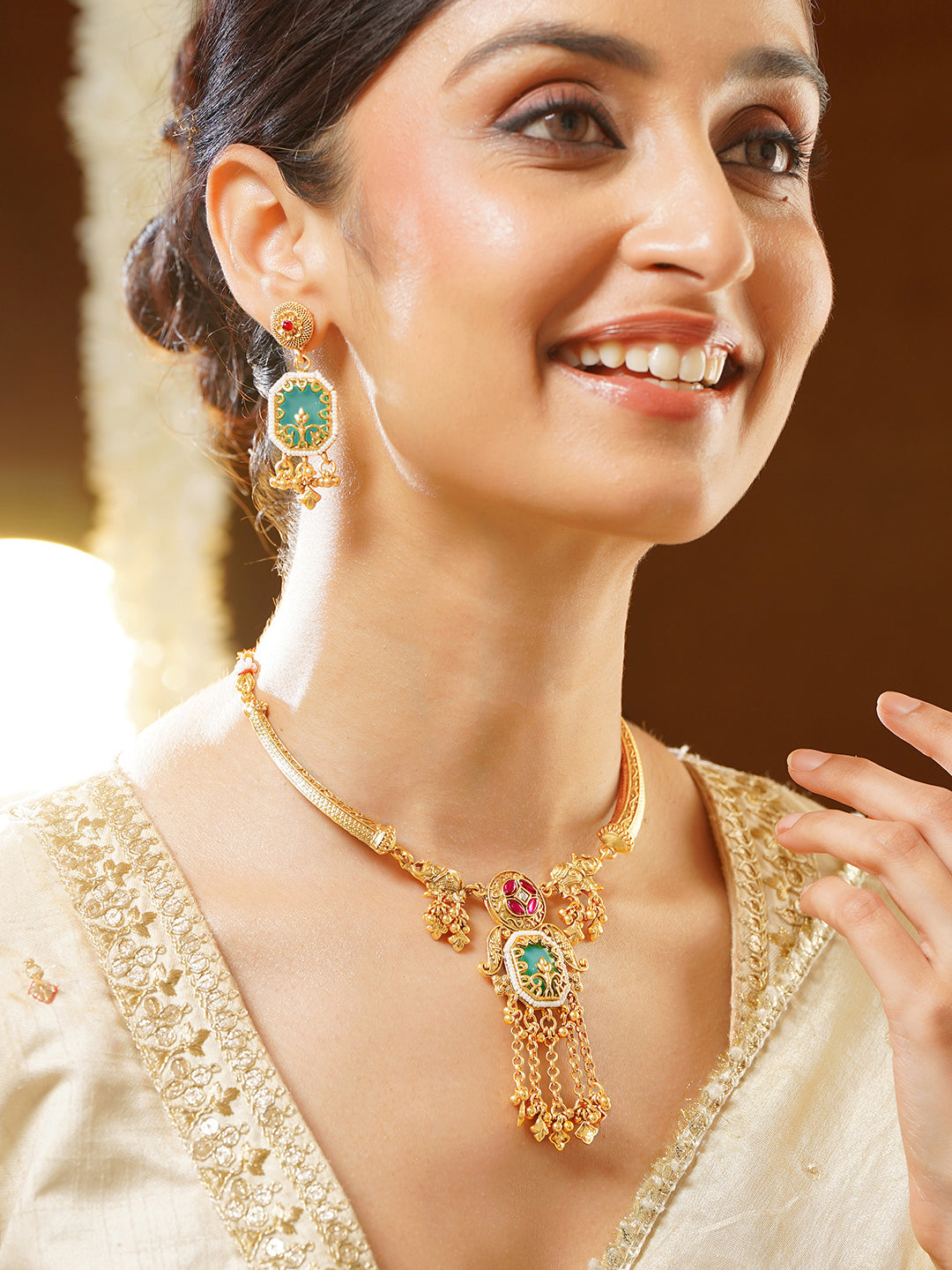 【Rubans】Gold Plated Cubic Zirconia Drop Charm Collar Necklace Set｜ゴールドメッキ キュービックジルコニア ドロップチャーム カラーネックレスセット
