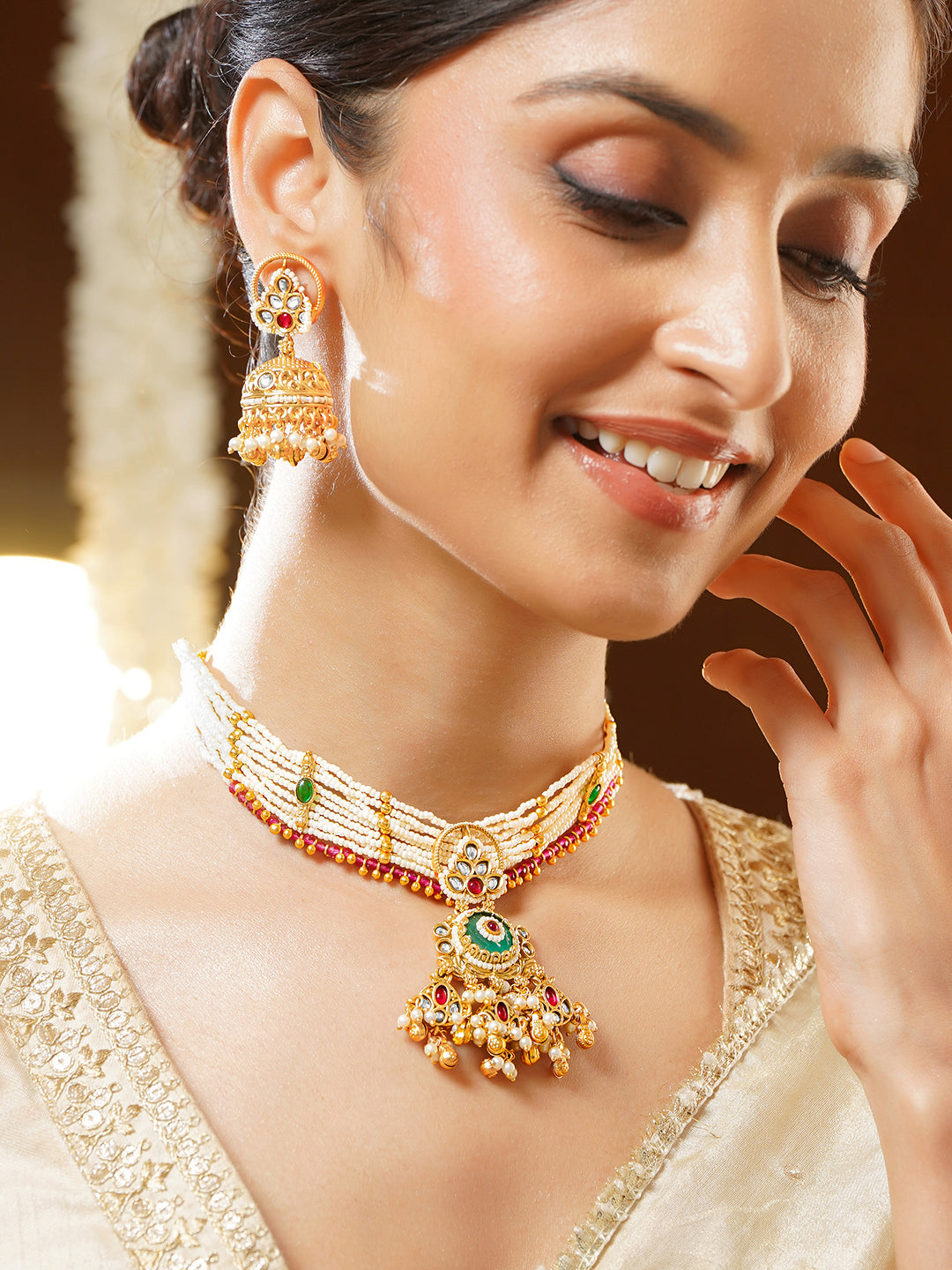 【Rubans】Gold Plated Pearl Strand Jhumka Choker Set｜ゴールドメッキ パール ストランド ジュムカ チョーカーセット