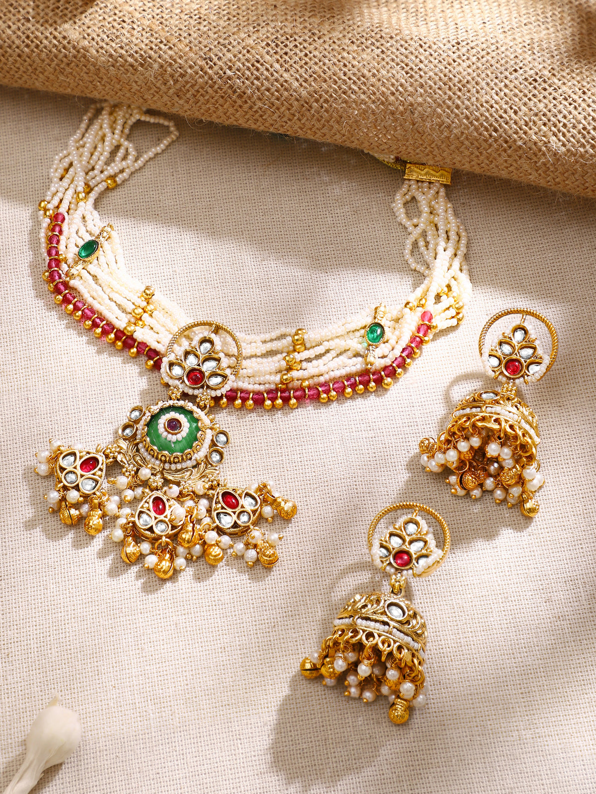 【Rubans】Gold Plated Pearl Strand Jhumka Choker Set｜ゴールドメッキ パール ストランド ジュムカ チョーカーセット