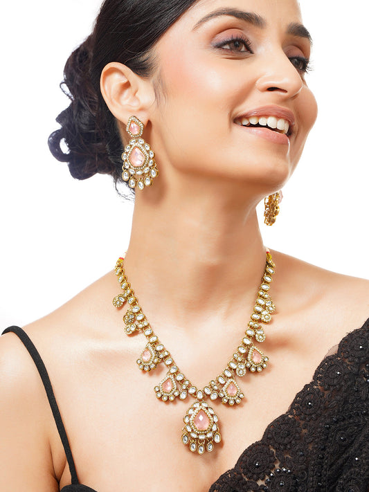 【Rubans】Gold Plated Blush Rose Kundan Choker Set｜ゴールドメッキ ブラッシュローズ クンダン チョーカーセット（マンティッカ付き）