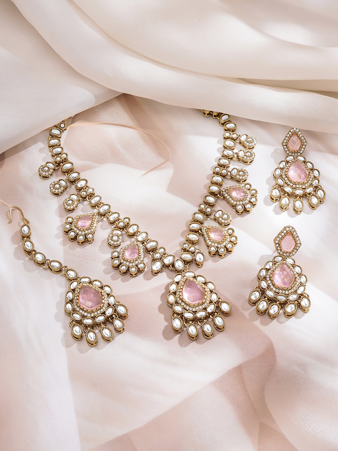 【Rubans】Gold Plated Blush Rose Kundan Choker Set｜ゴールドメッキ ブラッシュローズ クンダン チョーカーセット（マンティッカ付き）