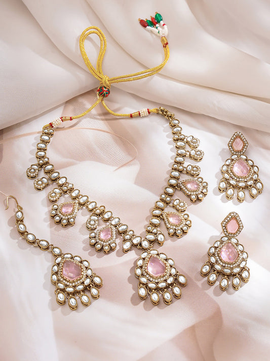 【Rubans】Gold Plated Blush Rose Kundan Choker Set｜ゴールドメッキ ブラッシュローズ クンダン チョーカーセット（マンティッカ付き）