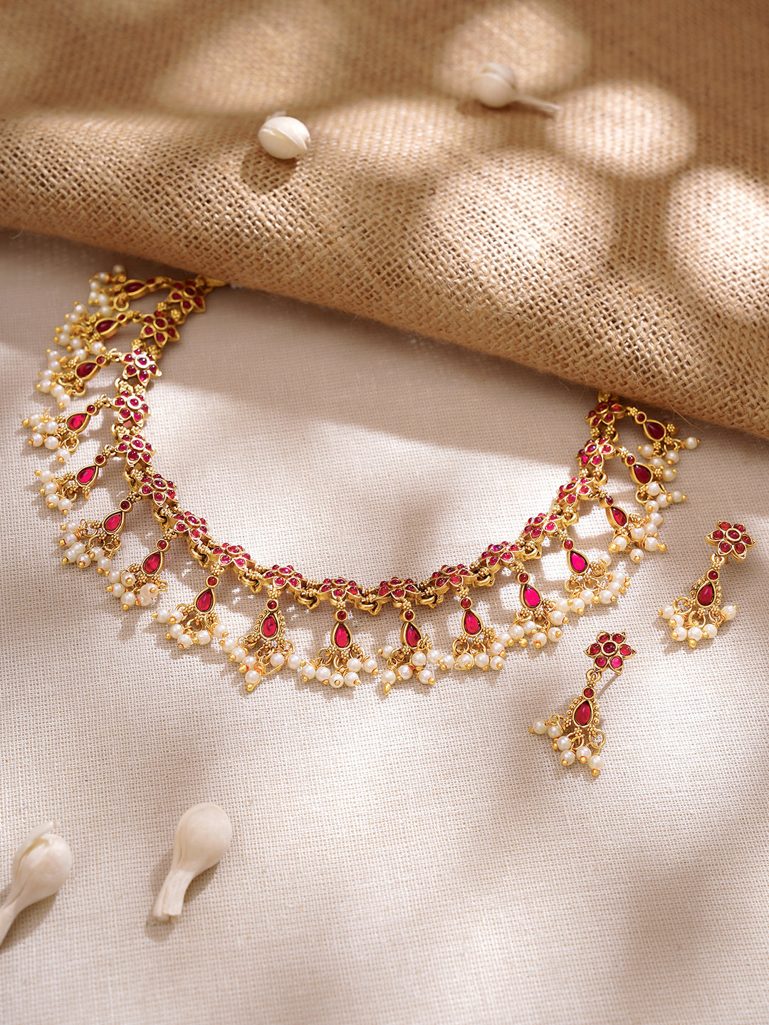 【Rubans】Gold Plated Ruby Dew Kemp Pearl Cascade Choker Set｜ゴールドメッキ ルビーデュー ケンプ パール カスケード チョーカーセット