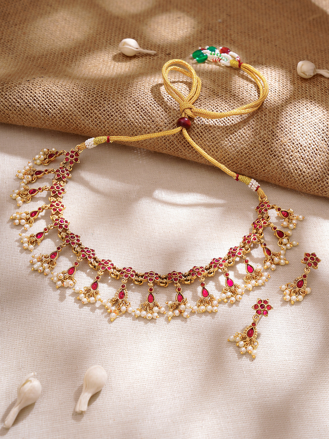 【Rubans】Gold Plated Ruby Dew Kemp Pearl Cascade Choker Set｜ゴールドメッキ ルビーデュー ケンプ パール カスケード チョーカーセット