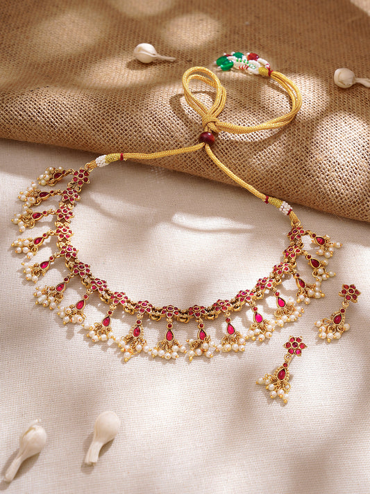 【Rubans】Gold Plated Ruby Dew Kemp Pearl Cascade Choker Set｜ゴールドメッキ ルビーデュー ケンプ パール カスケード チョーカーセット