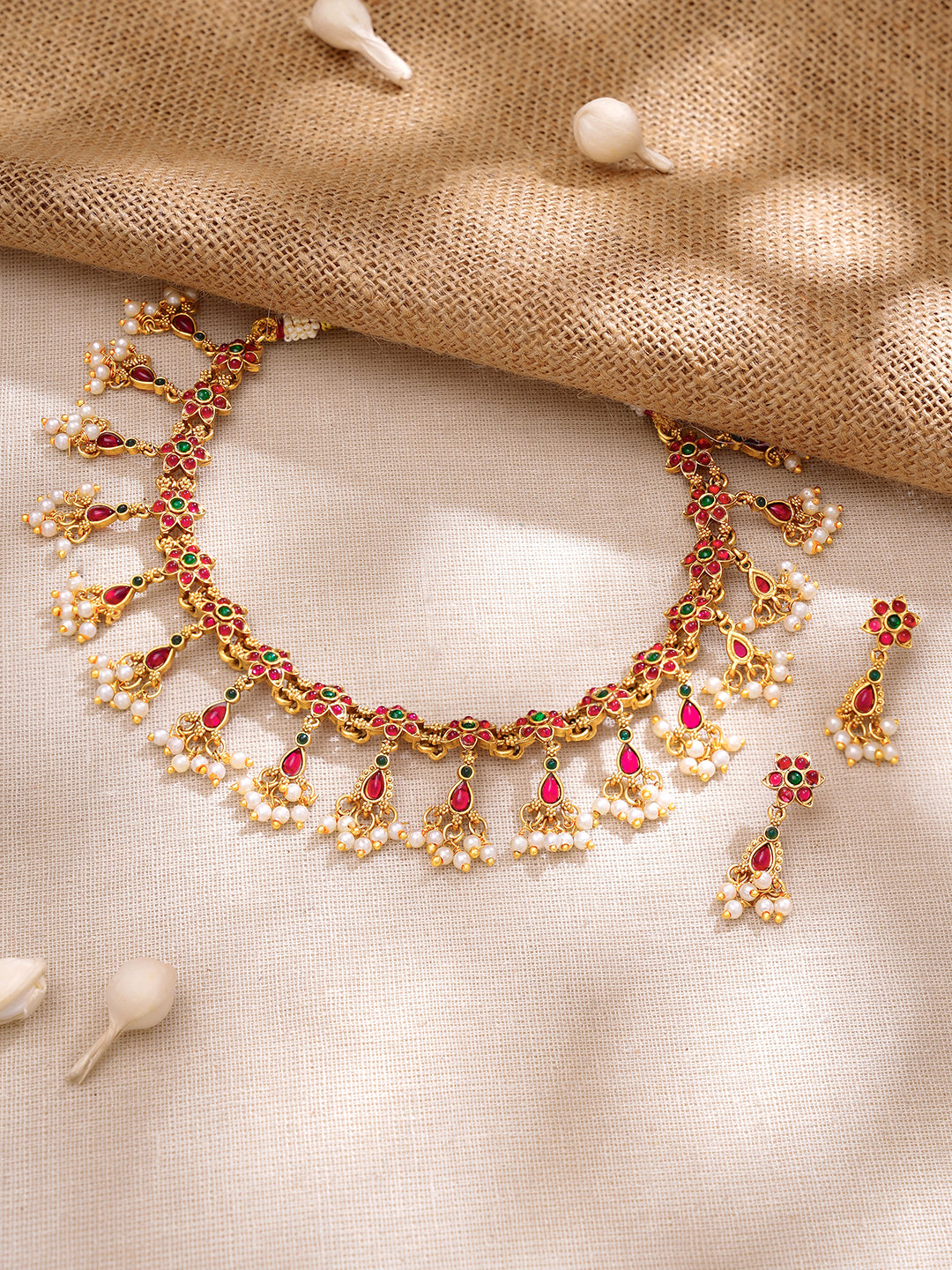 【Rubans】Gold Plated Ruby Blossom Kemp Pearl Drop Gold Choker Set｜ゴールドメッキ ルビーブロッサム ケンプ パール ドロップ チョーカーセット