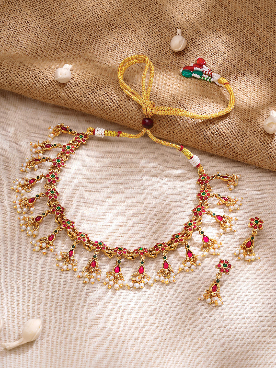 【Rubans】Gold Plated Ruby Blossom Kemp Pearl Drop Gold Choker Set｜ゴールドメッキ ルビーブロッサム ケンプ パール ドロップ チョーカーセット