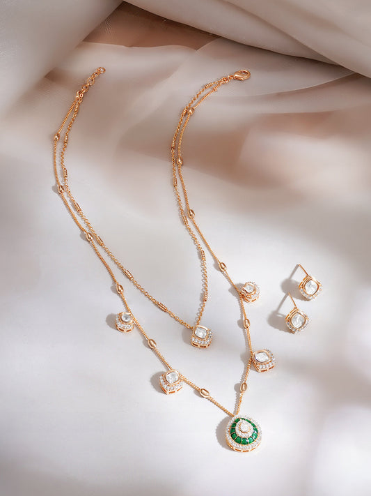 【Rubans】Gold Plated Emerald Halo Polki Layered Necklace Set｜ゴールドメッキ エメラルド ヘイロー ポルキ レイヤード ネックレスセット