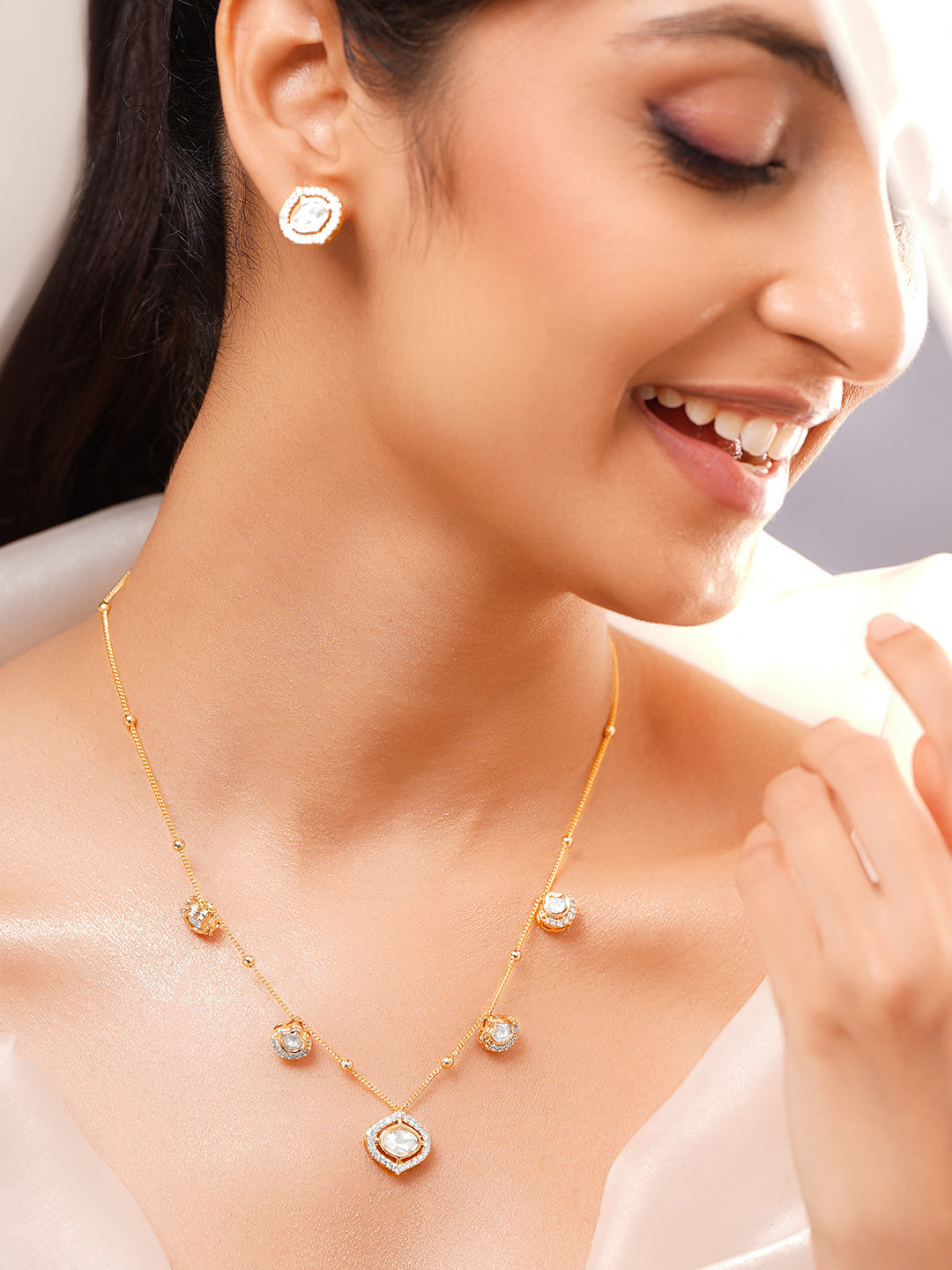 【Rubans】Gold Plated Moonlit Polki Station Necklace Set｜ゴールドメッキ ムーンリット ポルキ ステーション ネックレスセット