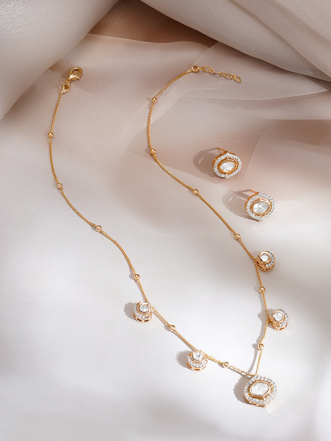 【Rubans】Gold Plated Moonlit Polki Station Necklace Set｜ゴールドメッキ ムーンリット ポルキ ステーション ネックレスセット