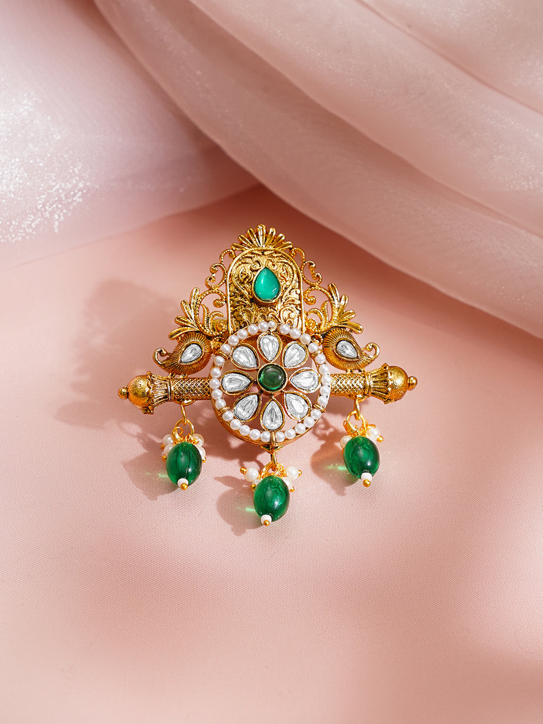 【Rubans】 Antique Gold Plated Green Kundan Floral Statement Brooch｜アンティークゴールドメッキ グリーンクンダン フローラル ステートメント ブローチ