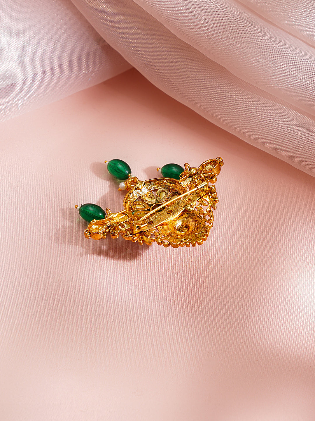 【Rubans】 Antique Gold Plated Green Kundan Floral Statement Brooch｜アンティークゴールドメッキ グリーンクンダン フローラル ステートメント ブローチ