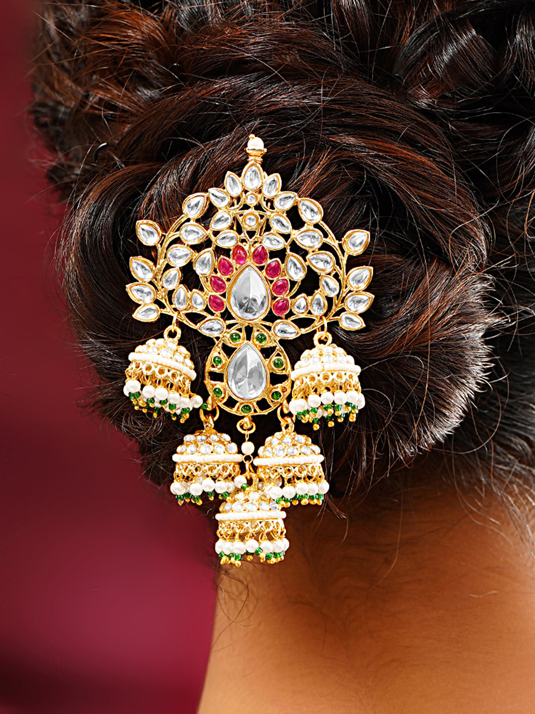 【Rubans】 Gold Plated Pearl Beaded Kundan Hair Accessory｜ゴールドメッキ パールビーズ クンダン ヘアアクセサリー（10.5cm）