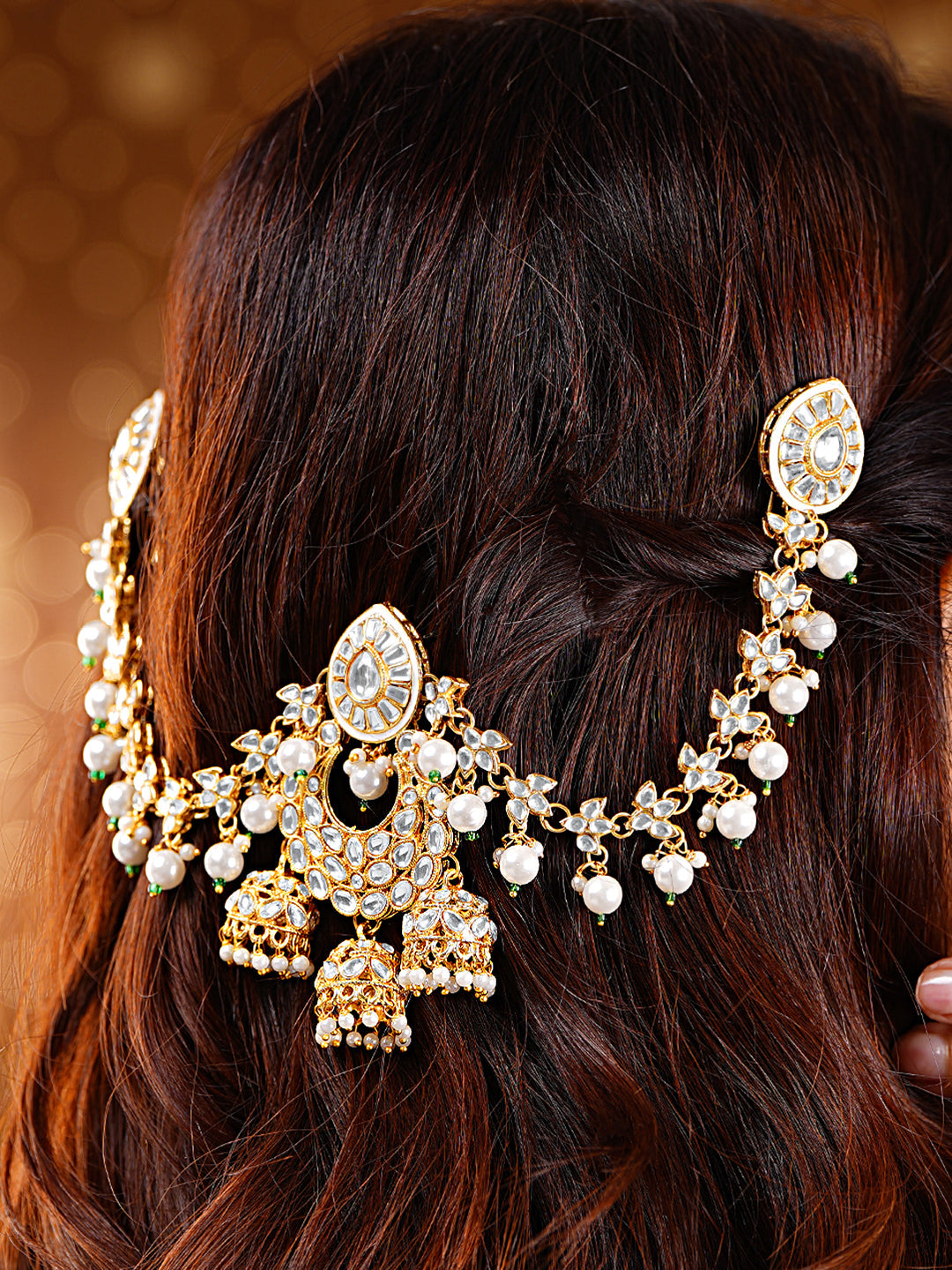 【Rubans】 Gold Plated Pearl Beaded Kundan Hair Accessory｜ゴールドメッキ パールビーズ クンダン ヘアアクセサリー ロング（32cm）