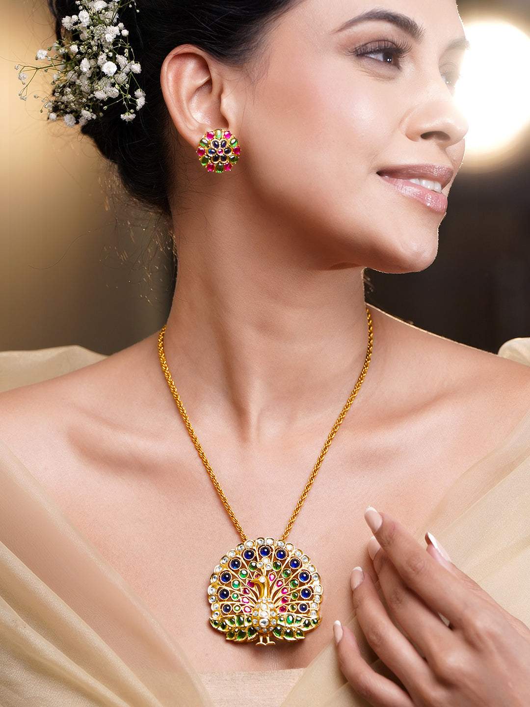 【Rubans】 Gold Plated Multicolor Crystal Peacock Pendant Necklace Set｜ゴールドメッキ マルチカラークリスタル ピーコック ペンダントセット