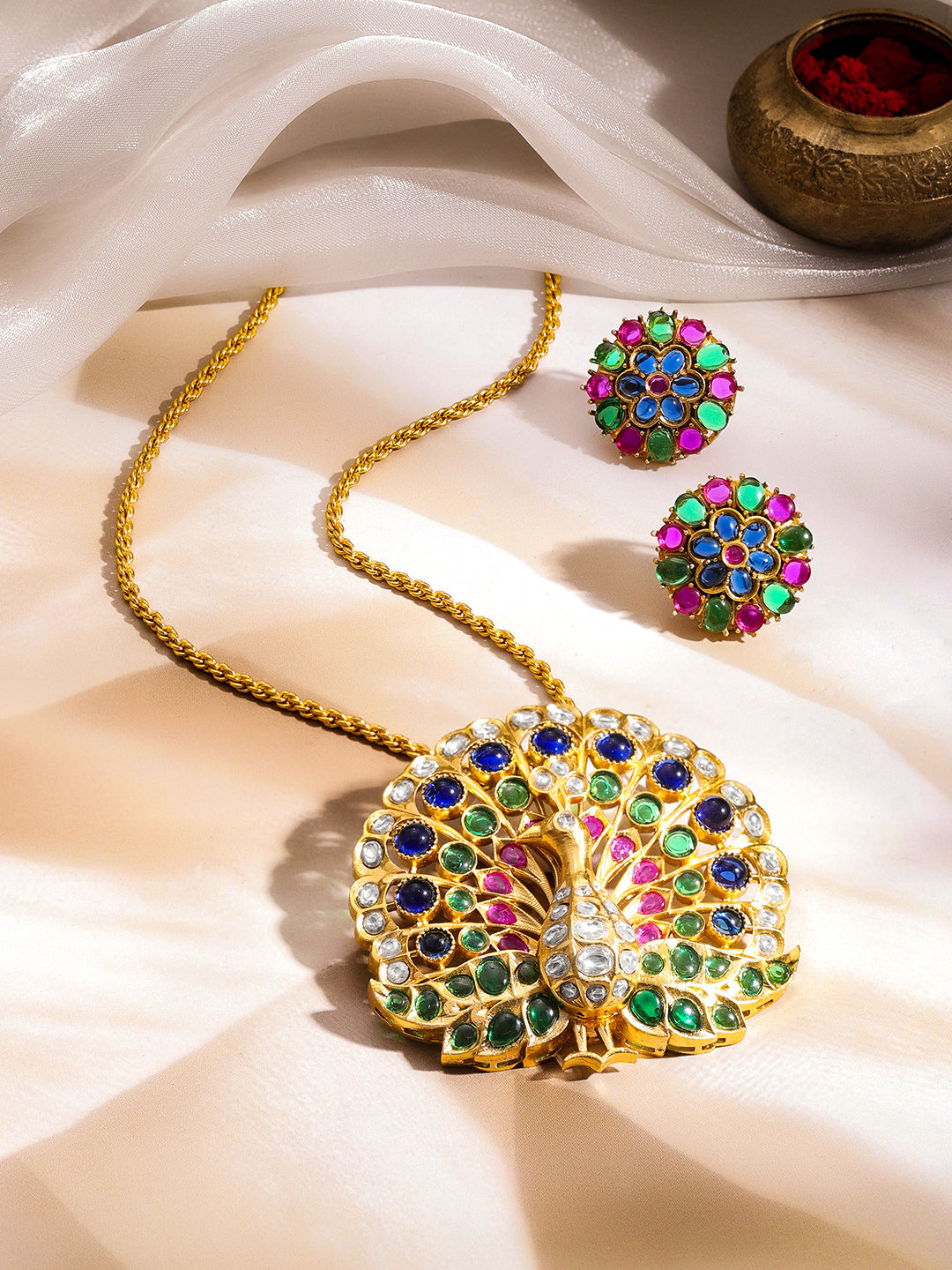 【Rubans】 Gold Plated Multicolor Crystal Peacock Pendant Necklace Set｜ゴールドメッキ マルチカラークリスタル ピーコック ペンダントセット