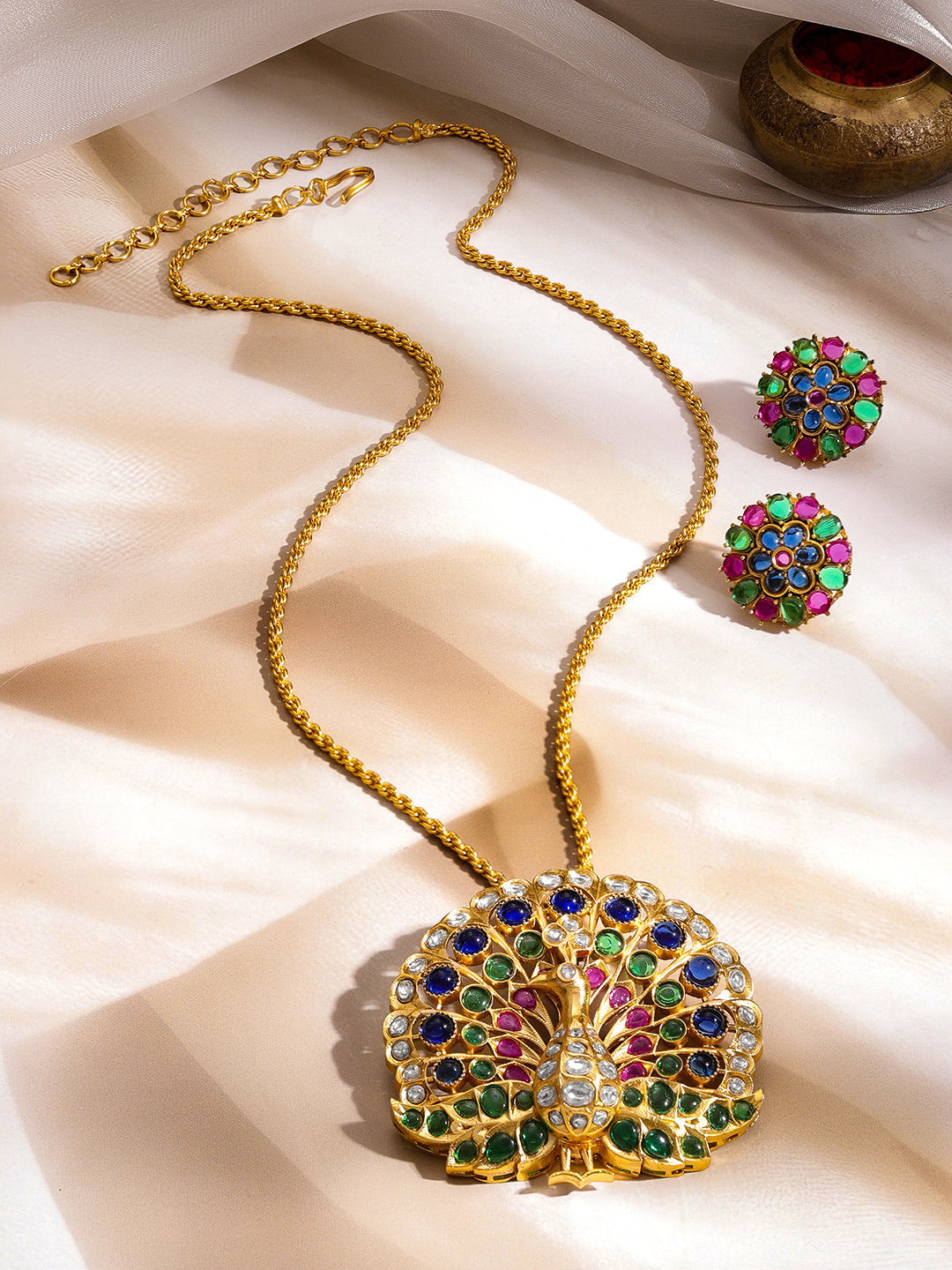 【Rubans】 Gold Plated Multicolor Crystal Peacock Pendant Necklace Set｜ゴールドメッキ マルチカラークリスタル ピーコック ペンダントセット