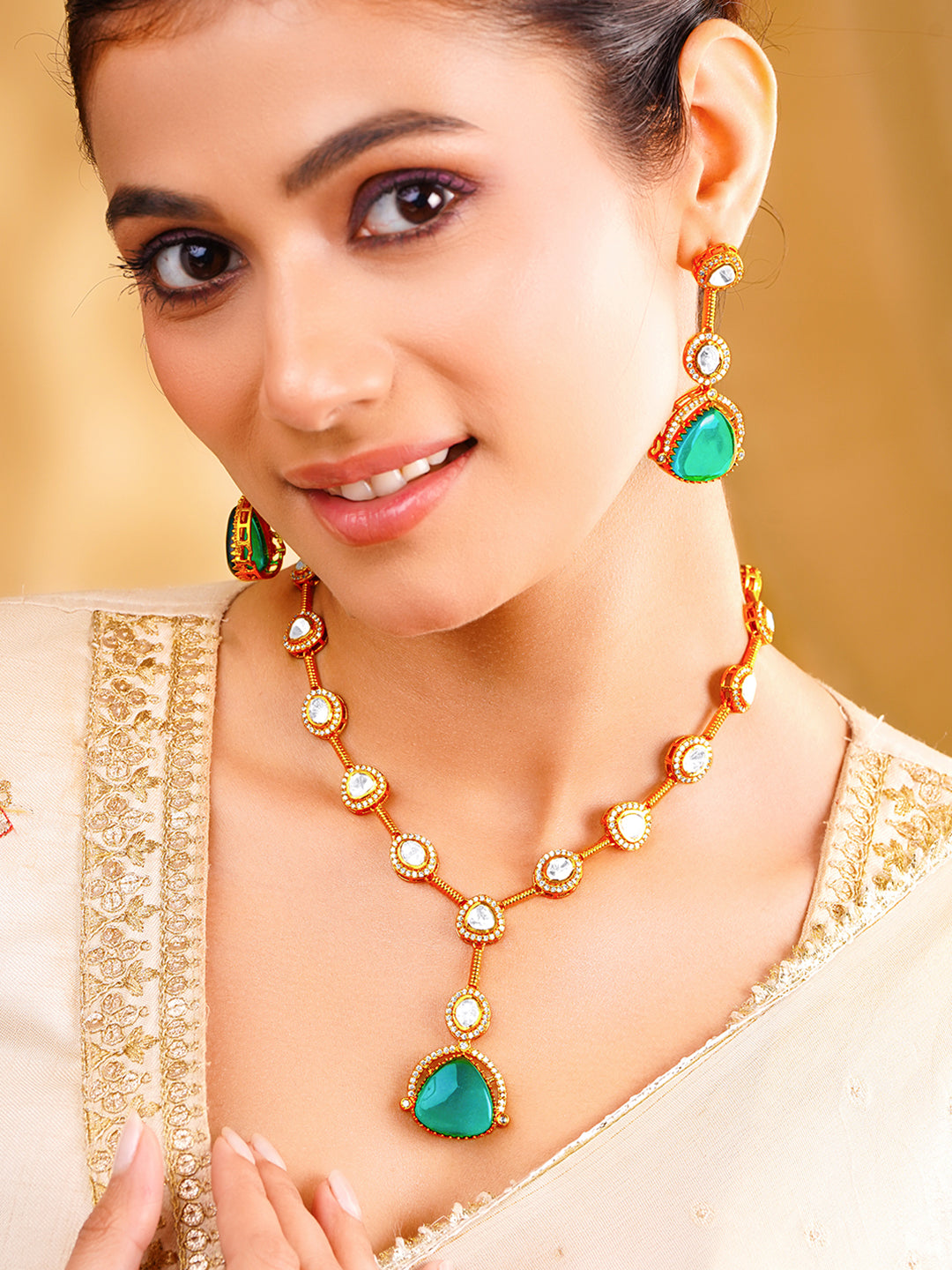 Kundan Teal Drop Luxe Necklace Set フリーサイズ