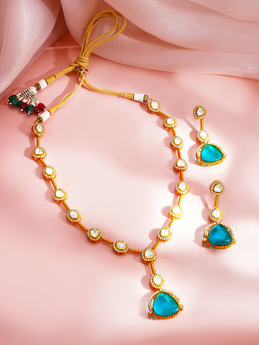 Kundan Teal Drop Luxe Necklace Set フリーサイズ