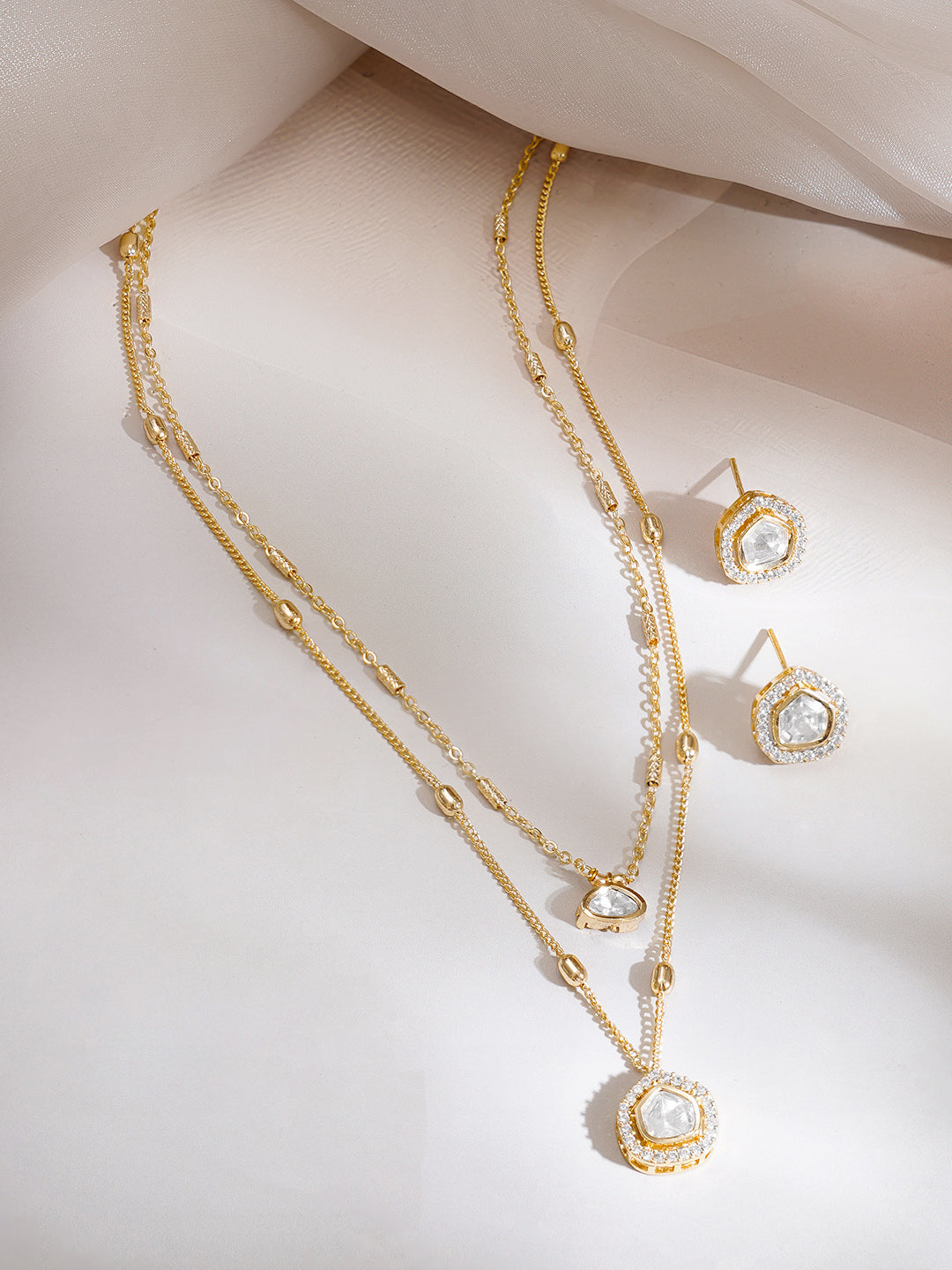 【Rubans】Gold Plated Glow Polki Double Layer Pendant Set｜ゴールドメッキ グロウ ポルキ ダブルレイヤー ペンダントセット