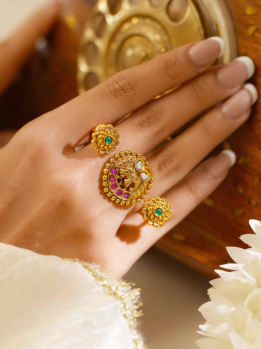 【Rubans】 Gold Plated Elephant Motif Pink & Green Kundan Ring｜ゴールドメッキ エレファントモチーフ ピンク＆グリーン クンダン リング