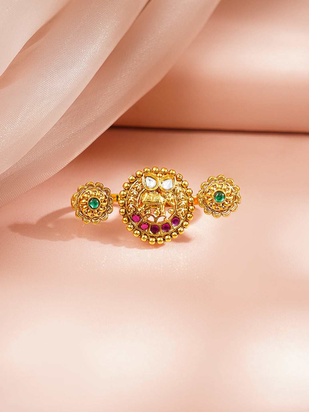 【Rubans】 Gold Plated Elephant Motif Pink & Green Kundan Ring｜ゴールドメッキ エレファントモチーフ ピンク＆グリーン クンダン リング