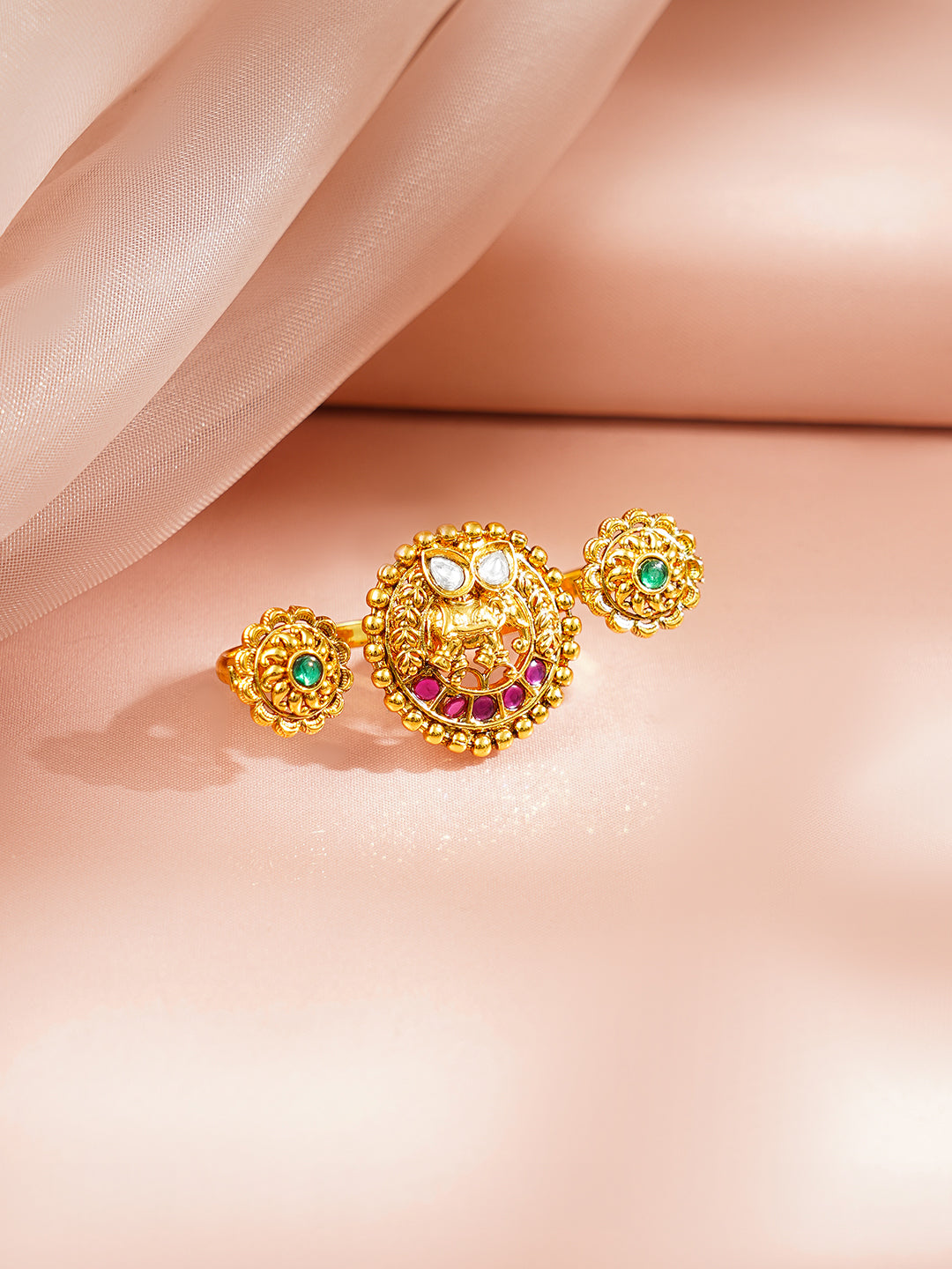 【Rubans】 Gold Plated Elephant Motif Pink & Green Kundan Ring｜ゴールドメッキ エレファントモチーフ ピンク＆グリーン クンダン リング
