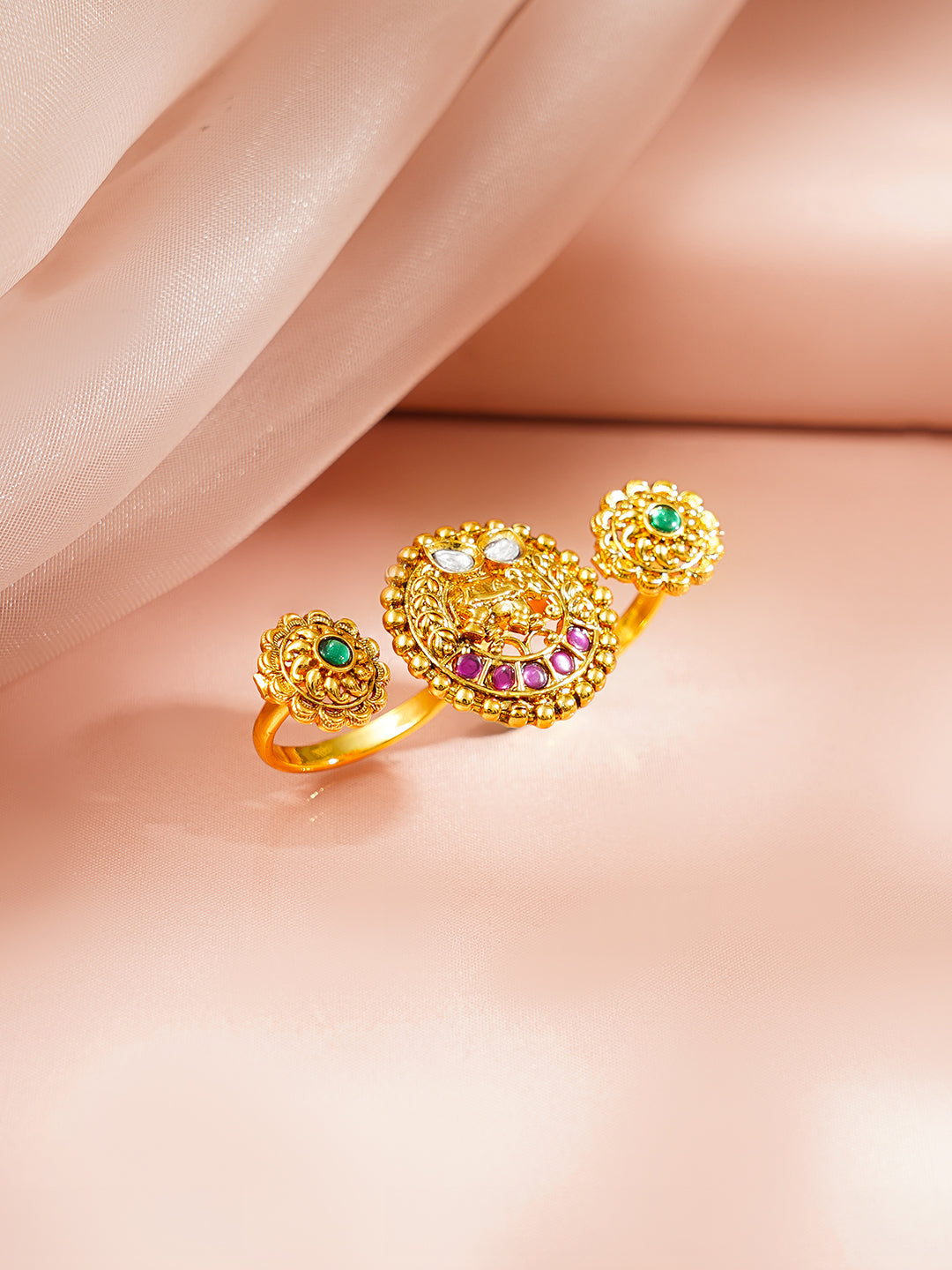 【Rubans】 Gold Plated Elephant Motif Pink & Green Kundan Ring｜ゴールドメッキ エレファントモチーフ ピンク＆グリーン クンダン リング