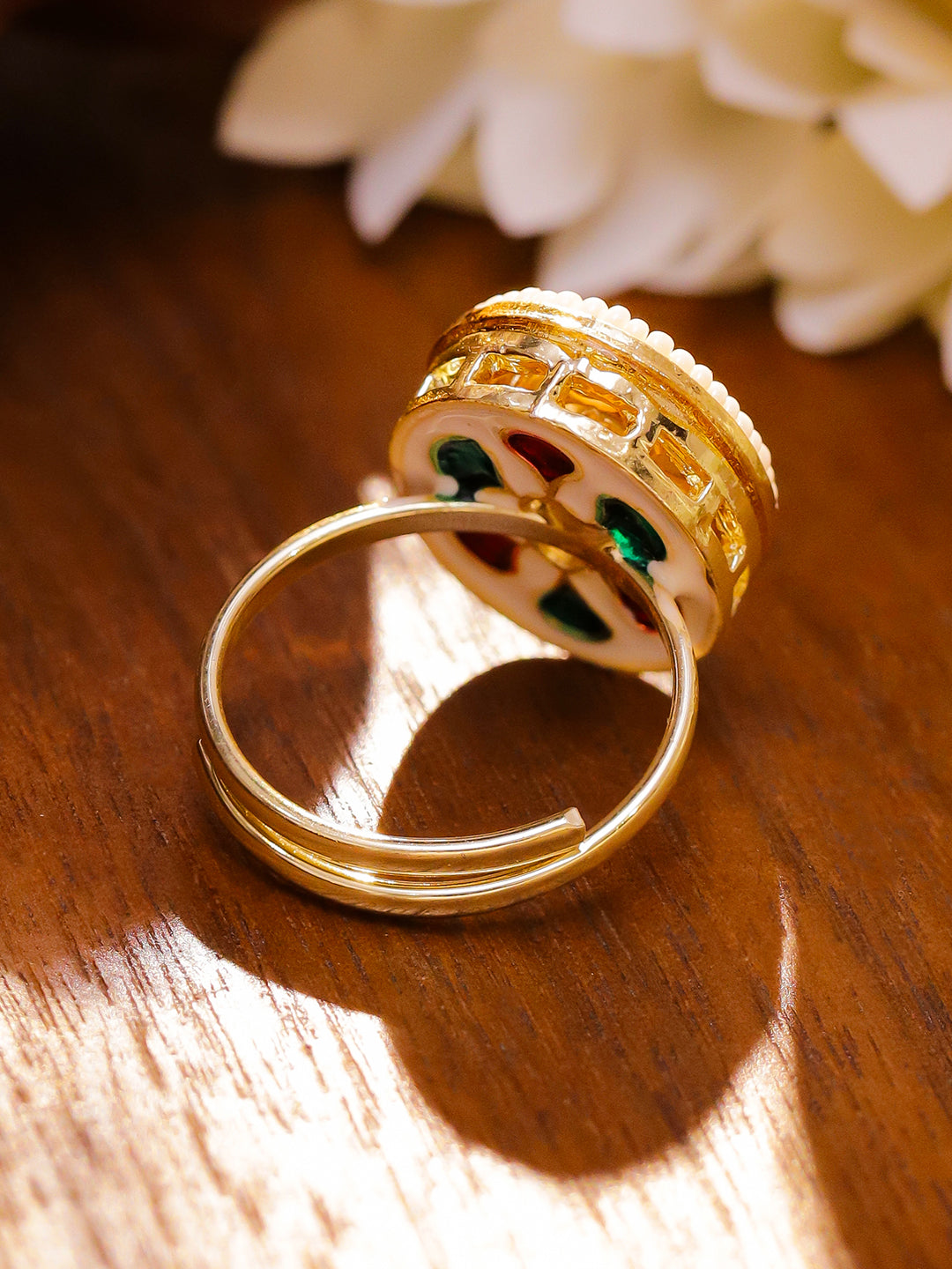 White Studded Kundan Pearl Ring フリーサイズ