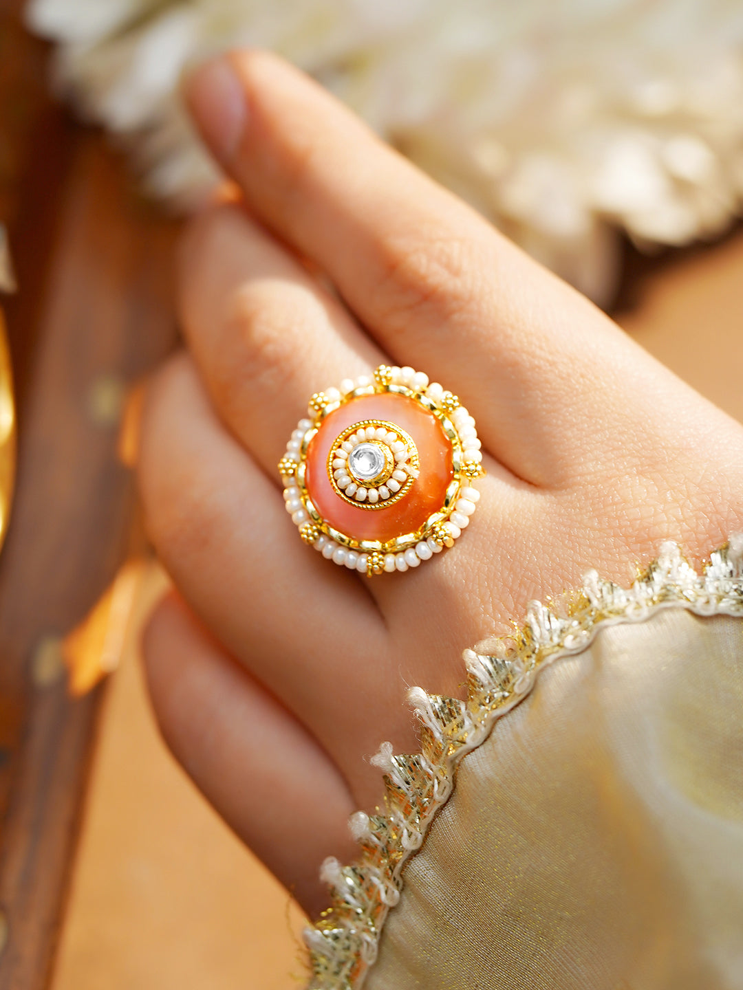 【Rubans】 Gold Plated Orange Enamel Pearl Adjustable Ring｜ゴールドメッキ オレンジエナメル パール アジャスタブルリング