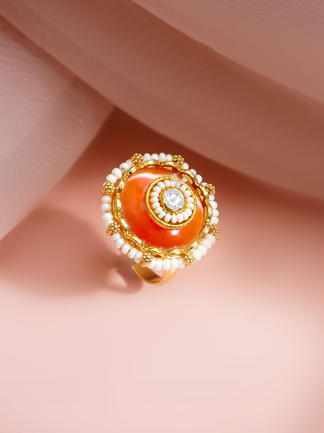 【Rubans】 Gold Plated Orange Enamel Pearl Adjustable Ring｜ゴールドメッキ オレンジエナメル パール アジャスタブルリング