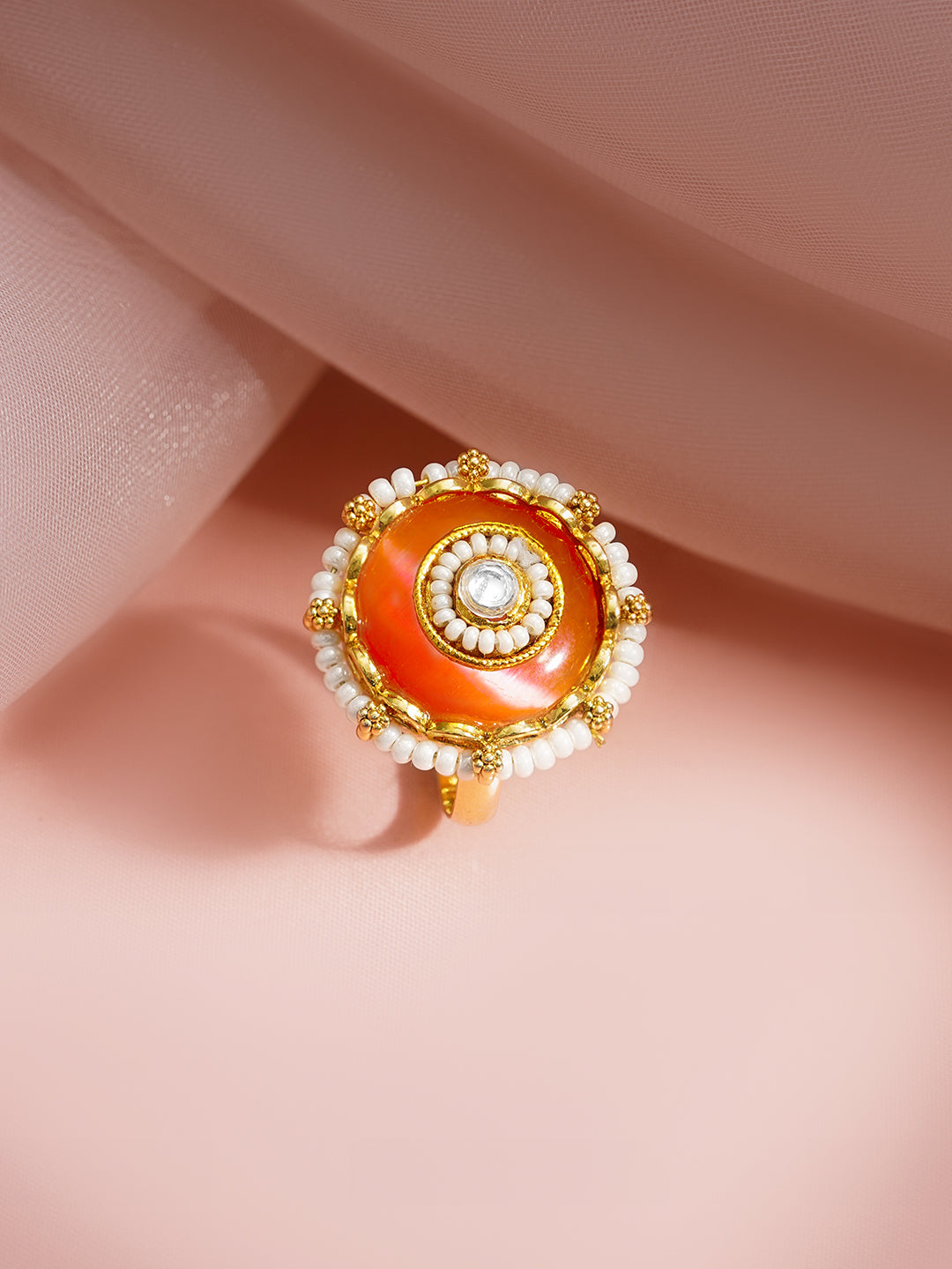 【Rubans】 Gold Plated Orange Enamel Pearl Adjustable Ring｜ゴールドメッキ オレンジエナメル パール アジャスタブルリング