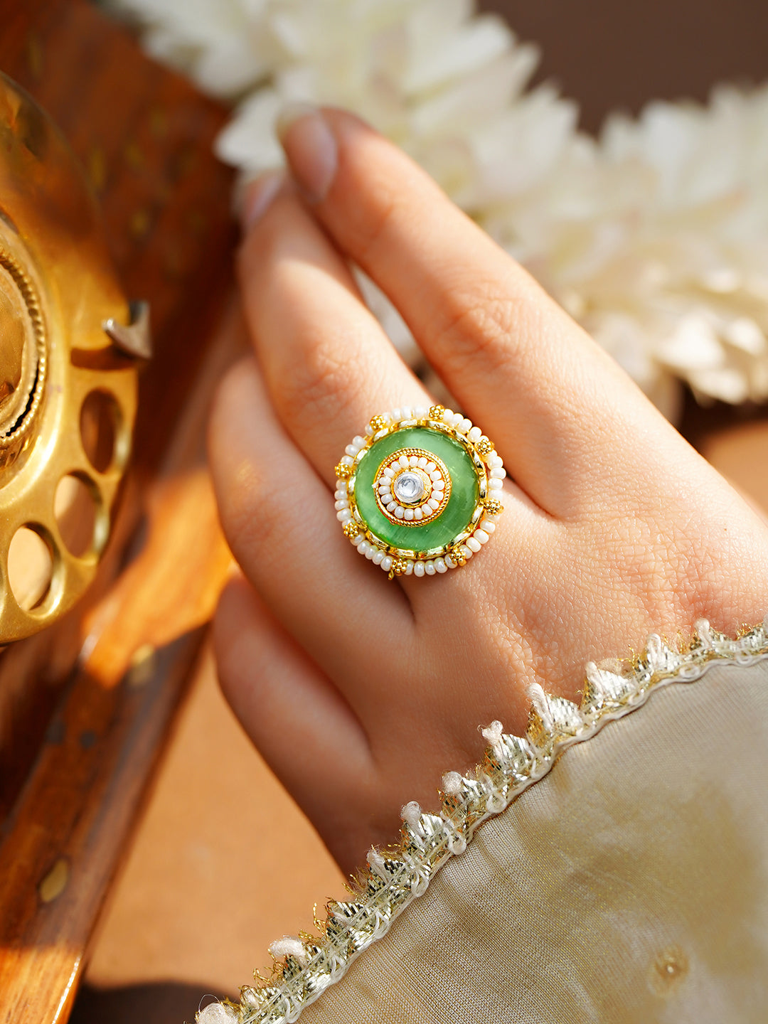 【Rubans】 Gold Plated Green Enamel Pearl Adjustable Ring｜ゴールドメッキ グリーンエナメル パール アジャスタブルリング