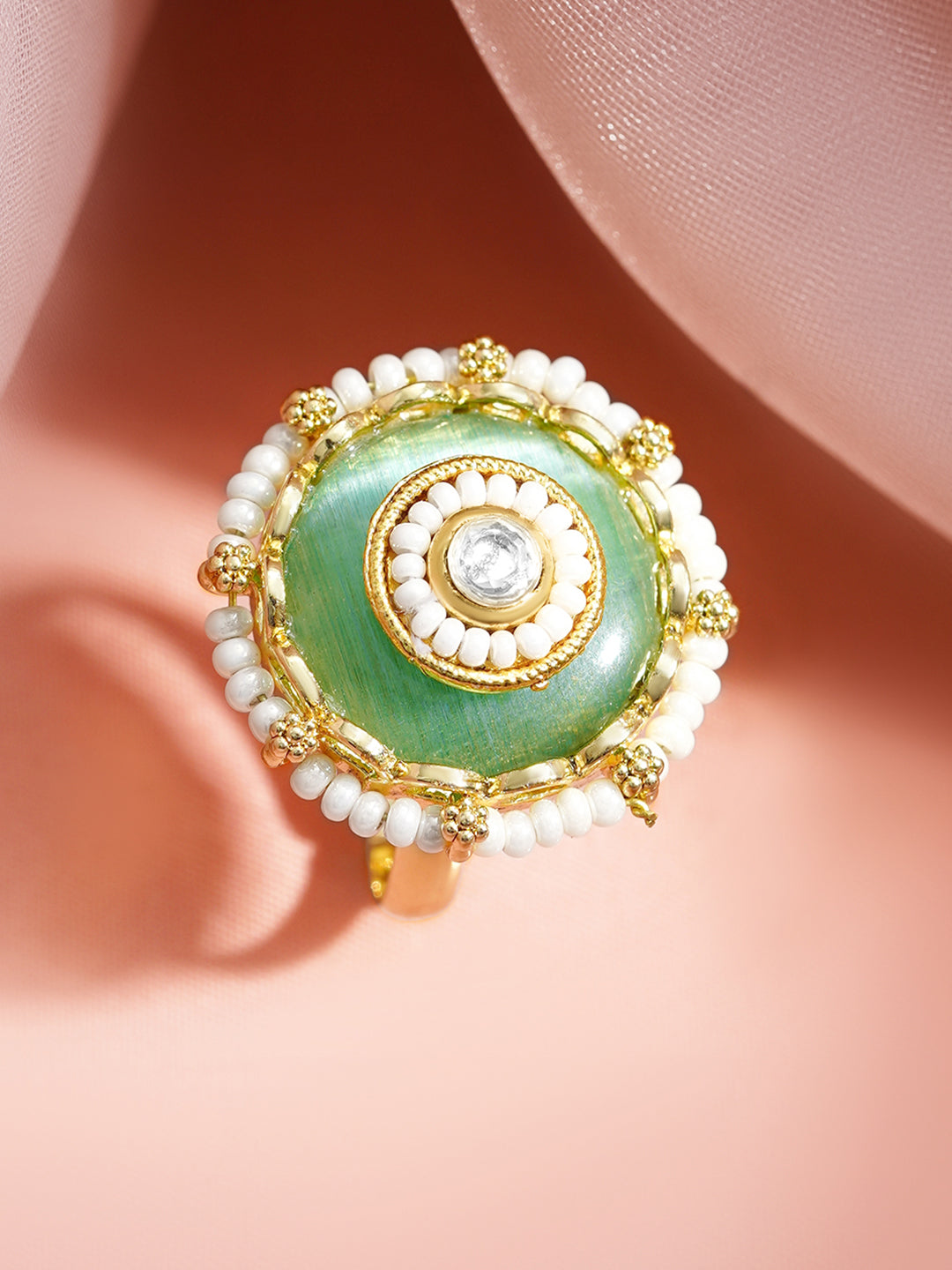 【Rubans】 Gold Plated Green Enamel Pearl Adjustable Ring｜ゴールドメッキ グリーンエナメル パール アジャスタブルリング